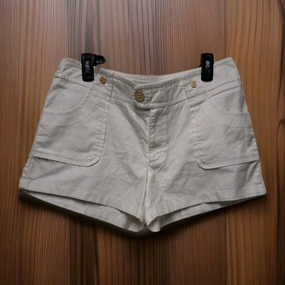 Banana Republic White Denim Short Shorts Gold Button High Rise Size 12 Casual